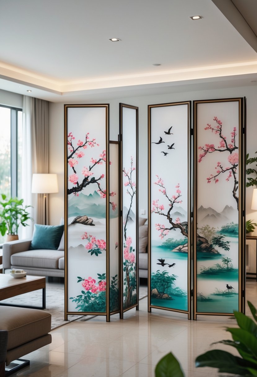 A spacious living room with multiple painted folding screens acting as room dividers, featuring modern furniture and natural light.