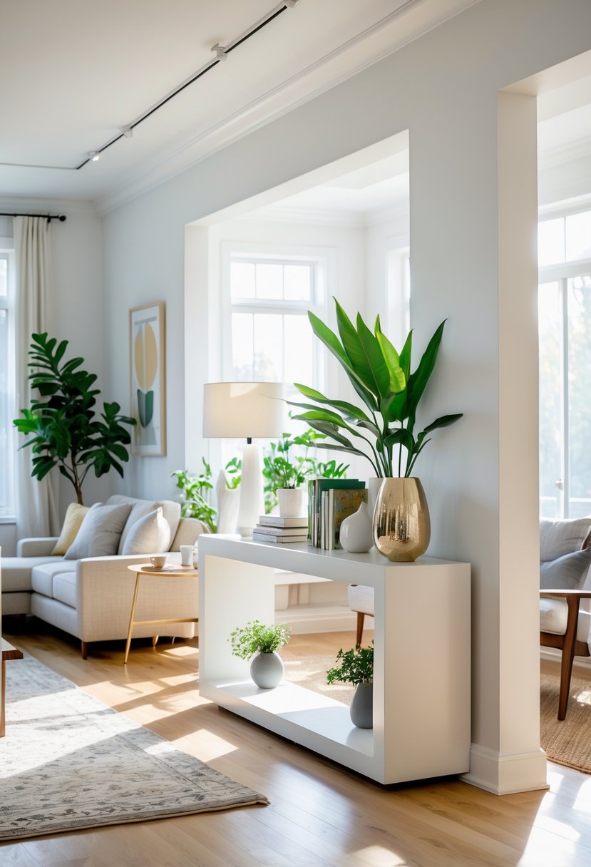 Living room with a low-profile console table used to divide the space between a seating area and another part of the room.