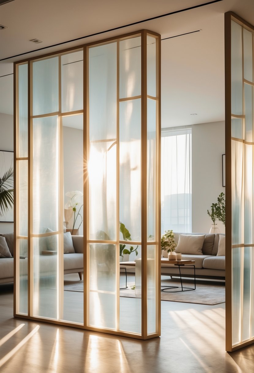 Living room with translucent resin panels used as a room divider softly diffusing natural light, separating a cozy seating area.