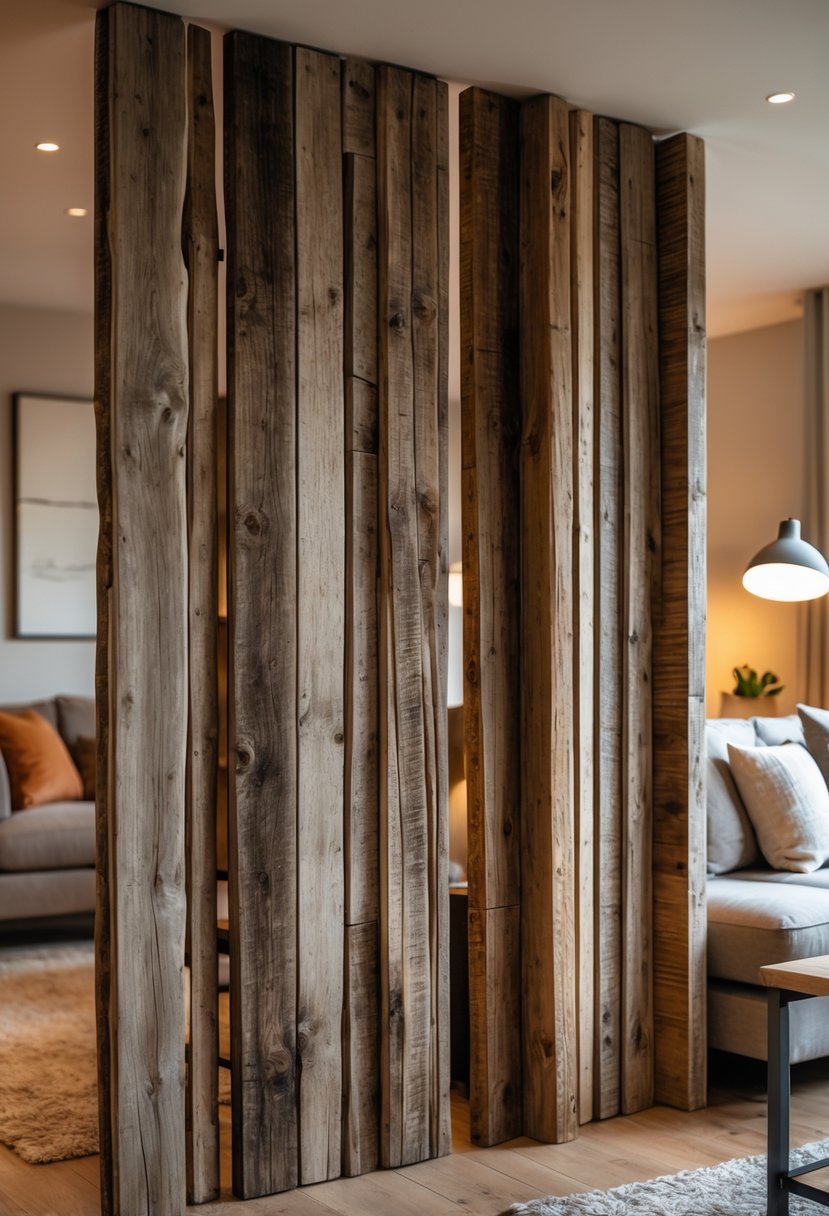 Living room with rustic wooden dividers separating the seating area from the rest of the space.