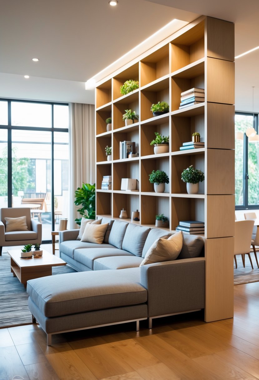 A living room with a sofa that has built-in shelves on its back, dividing the space into two areas.