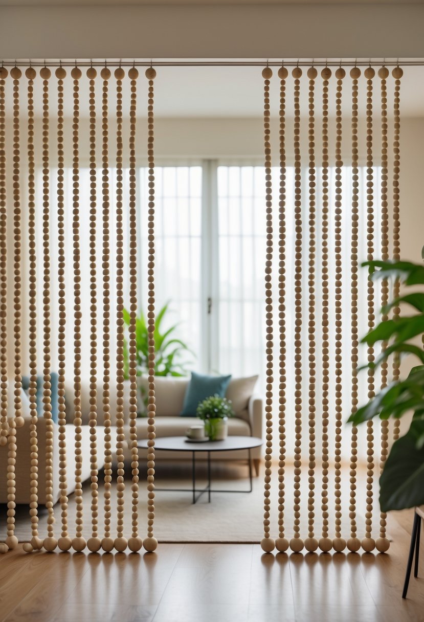 Living room with hanging wooden bead curtains separating the space, featuring a sofa, coffee table, and plants.