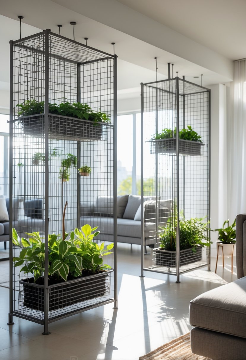 A living room with wire mesh framed dividers featuring planter boxes filled with green plants, separating the space while letting light through.