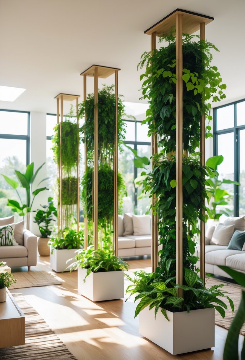 A modern living room with vertical garden dividers filled with green plants separating seating areas for privacy.