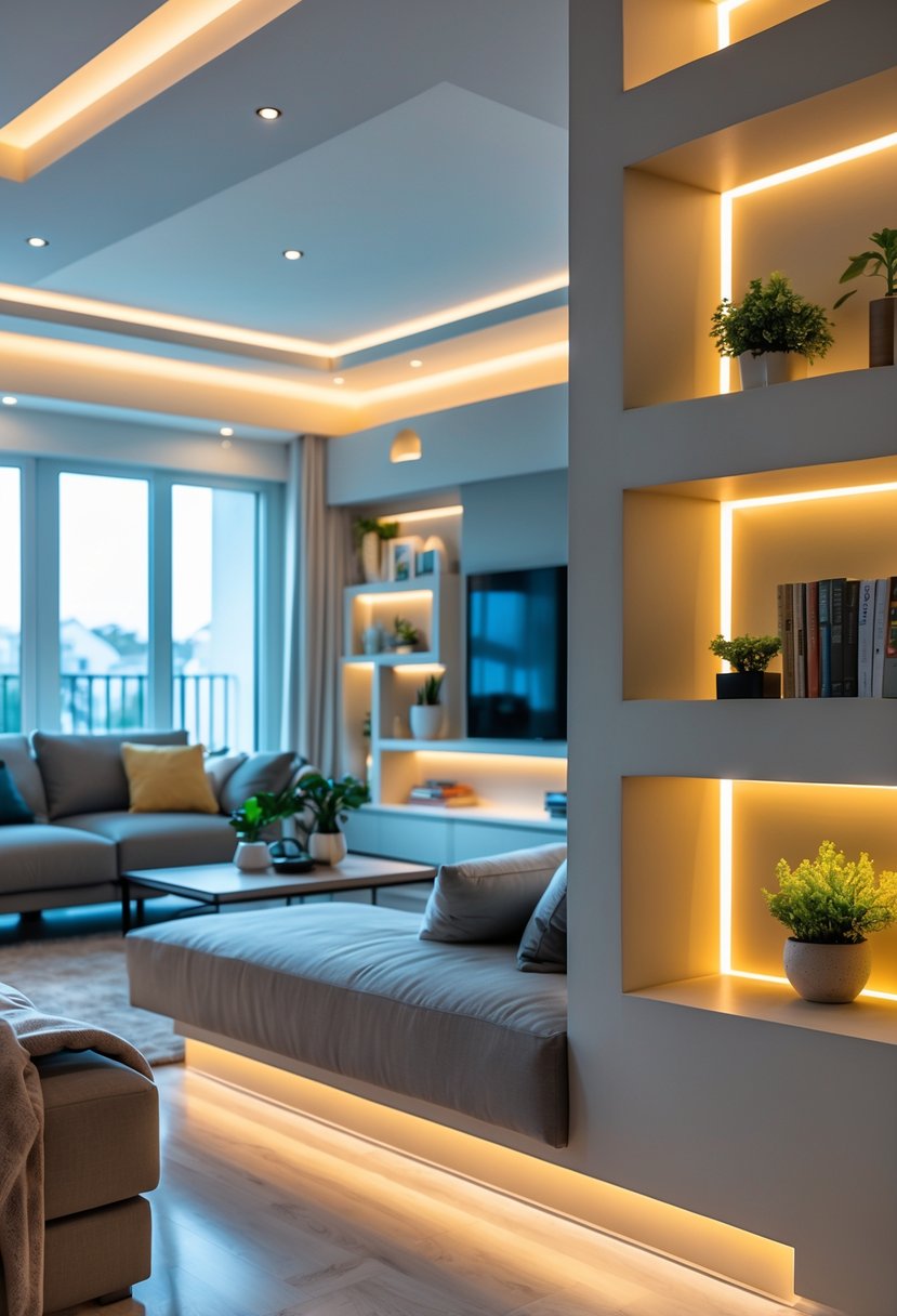 A spacious living room with built-in alcove shelves featuring soft lighting and decorative items, creating a cozy and inviting atmosphere.