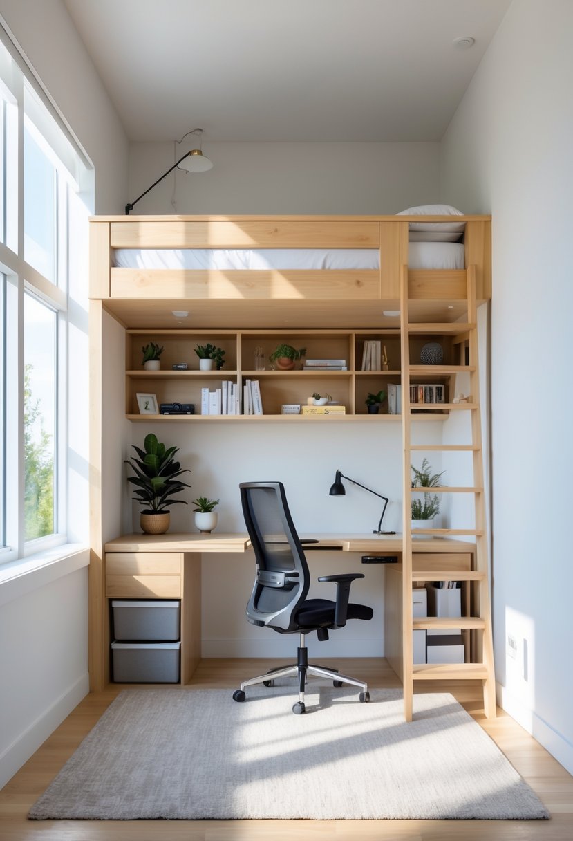 v2 149c09 2h5hk A tiny bedroom with a wooden loft bed elevated above a workspace that includes a desk, chair, and shelves, with natural light filling the room.