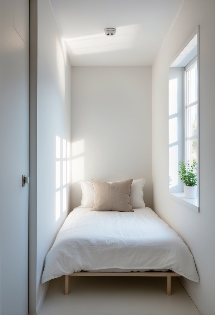 v2 149c1w 2fy1k A small bedroom with a neatly made bed featuring plain white bedding, a small bedside table with a plant, and natural light coming through a window.