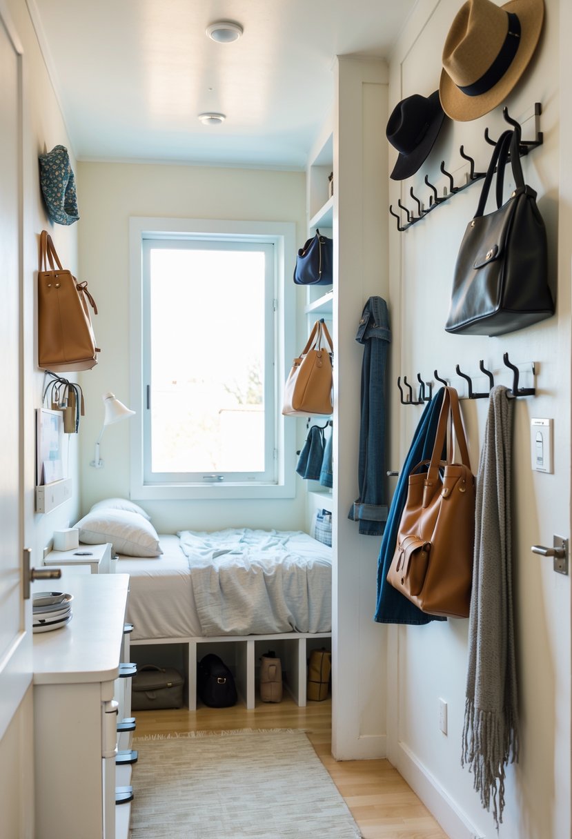 v2 149c2m u8nw2 A small bedroom with hooks on walls and a door holding bags and accessories, showing an organized and tidy space.