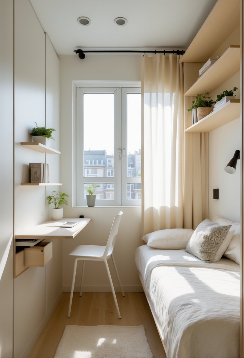 v2 149c2y clug2 A small bedroom with a fold-down desk attached to the wall, a chair, a bed nearby, shelves with books and plants, and natural light coming through a window.