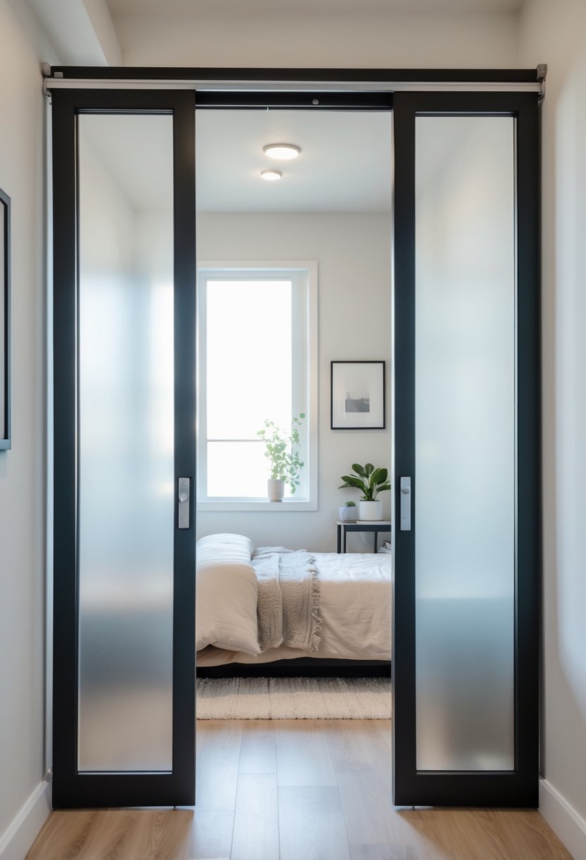 v2 149c3e ct5o9 A small bedroom with sliding glass doors, a cozy bed, and natural light coming through a window.