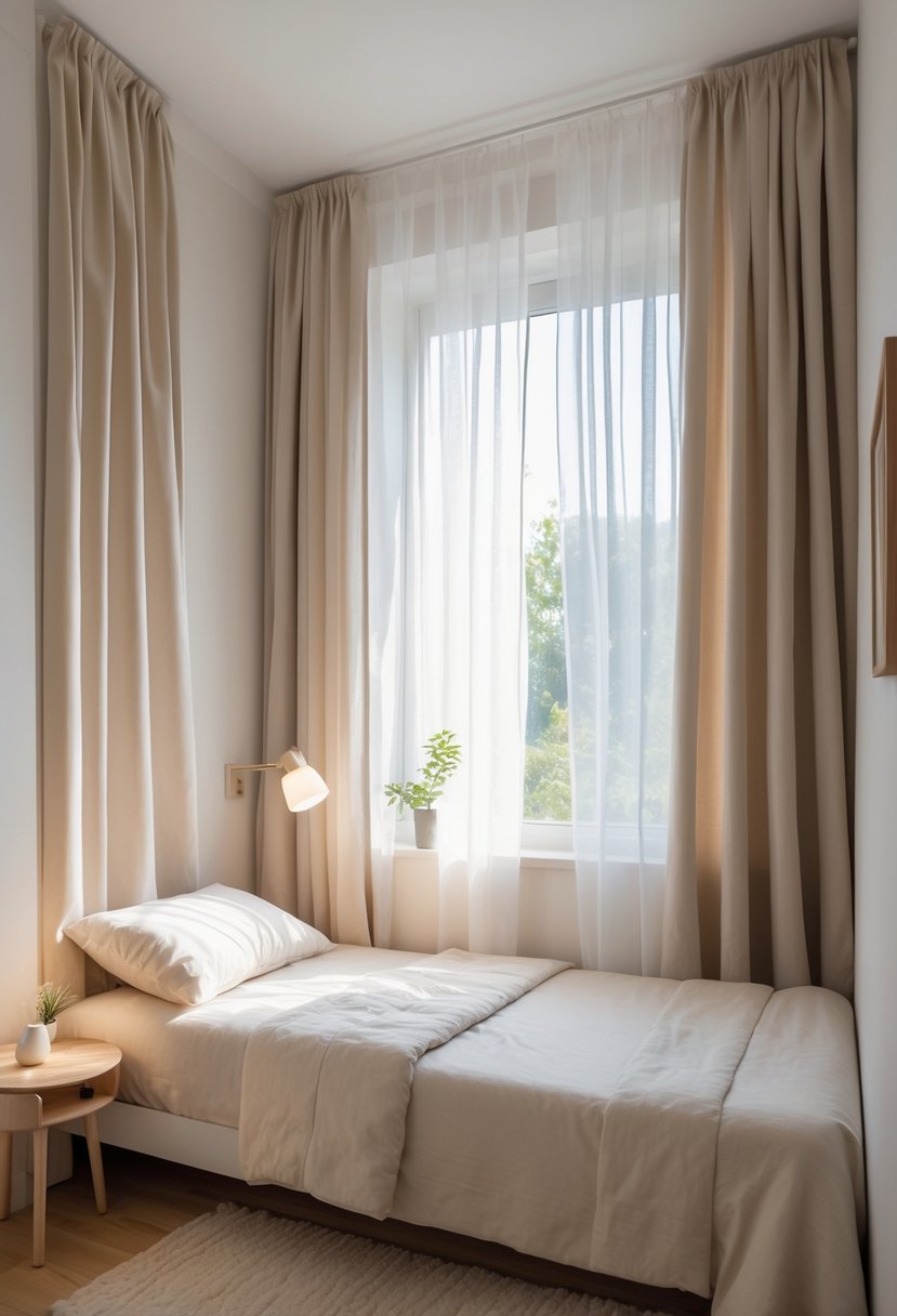 v2 149c4e womc8 A small bedroom with a single bed, soft curtains on the window, a bedside table with a lamp, and natural light coming through the curtains.