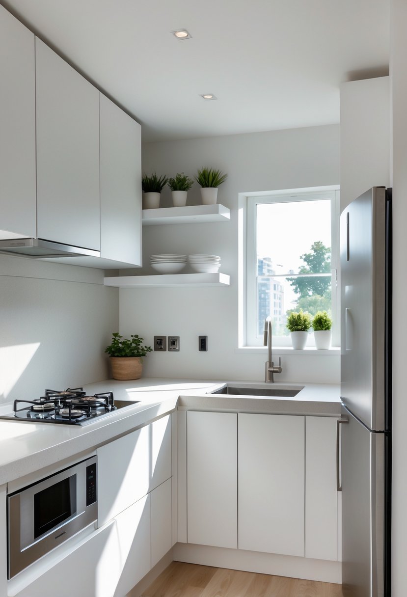 v2 14av85 y6g4u A small L-shaped kitchen with white cabinets, a corner sink, built-in appliances, open shelves with kitchenware, and natural light coming through a window.