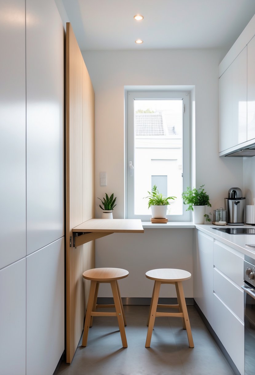 v2 14avbt p7a25 Small kitchen with a wall-mounted foldable dining table extended and two chairs underneath.