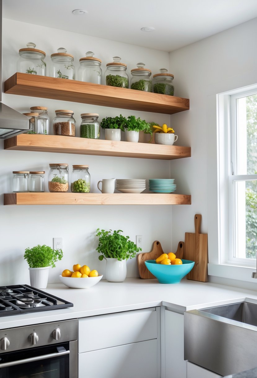 v2 14avdx oubc3 Small kitchen with floating wooden shelves holding kitchen items on a white wall, natural light coming through a window, and compact appliances.