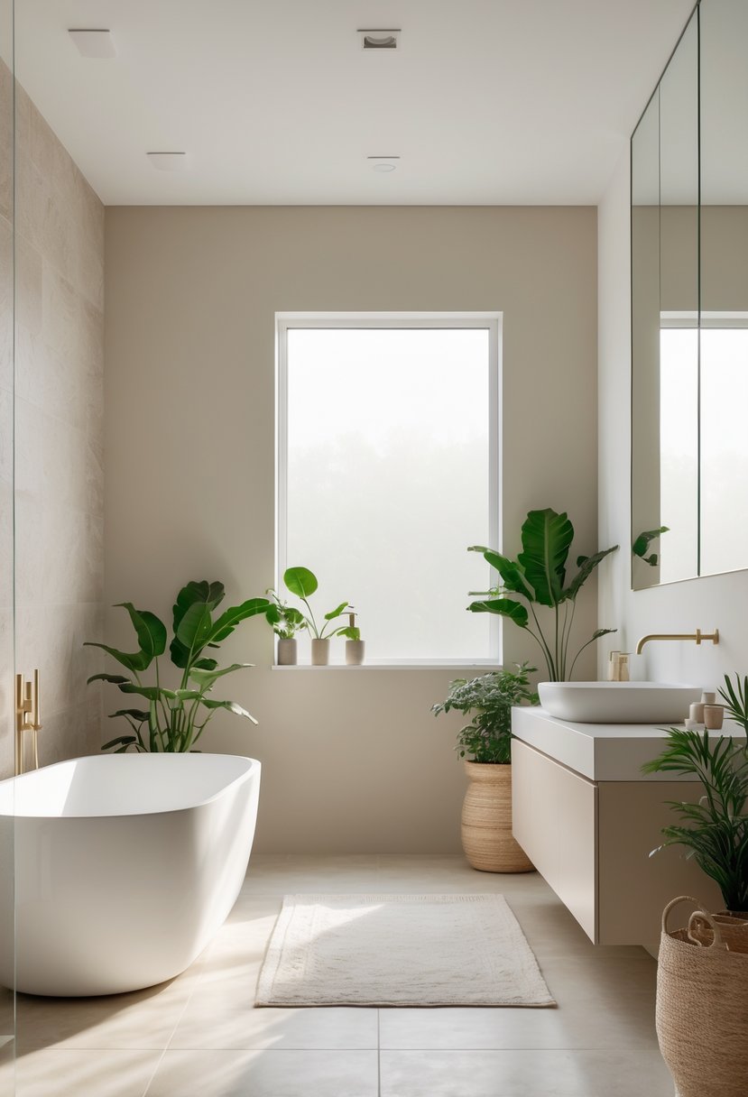 v2 14avps 8a2iq A modern bathroom with a freestanding bathtub, vanity with mirror, natural wood accents, and plants, all in neutral colors.