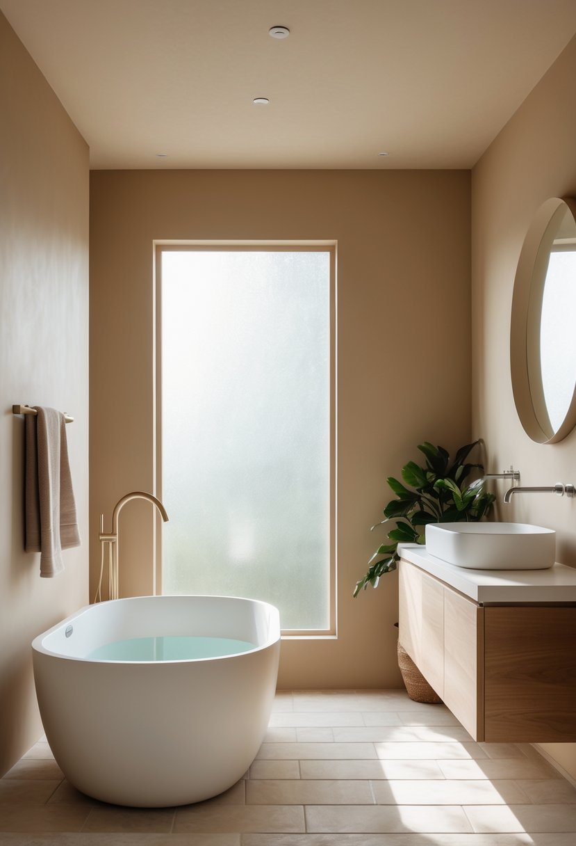 v2 14avq5 A bathroom with matte beige walls, a white freestanding bathtub, wooden vanity, and soft natural lighting.