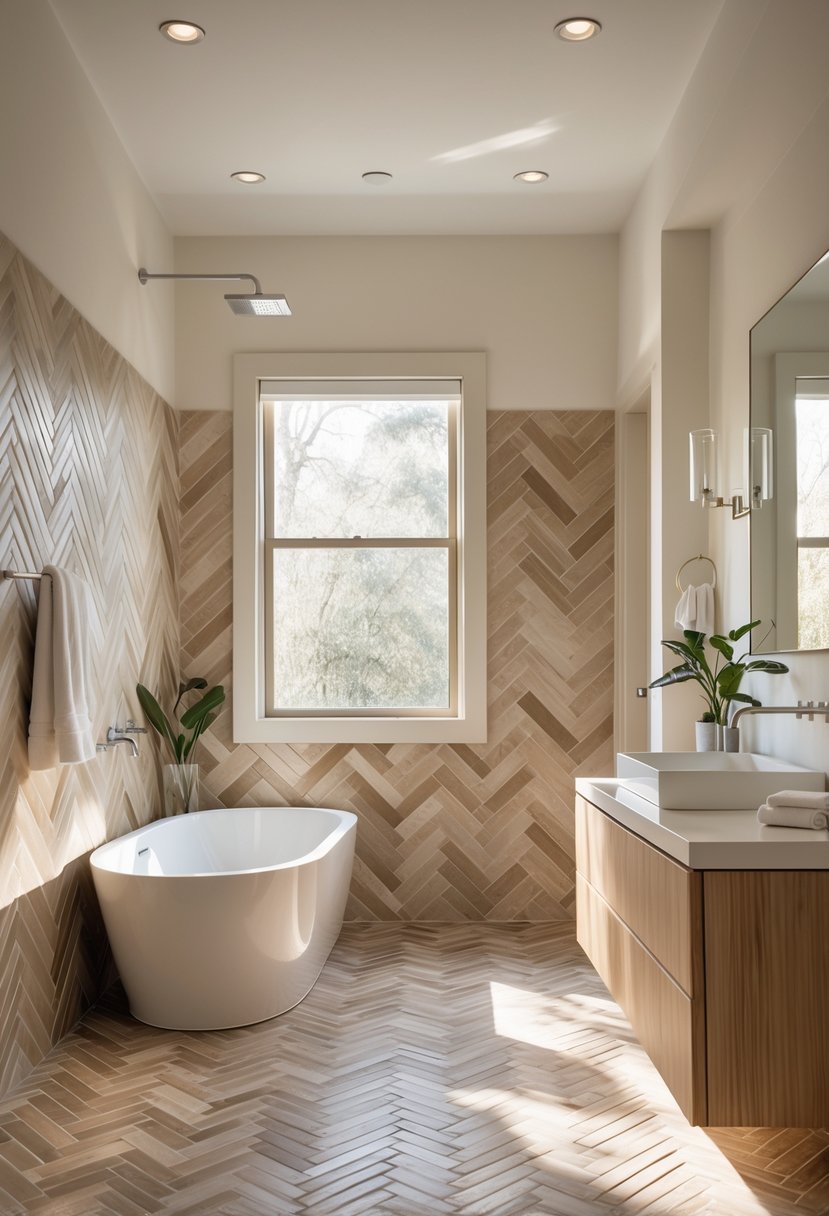 v2 14avqj ut5ly A bathroom with herringbone patterned tile flooring in earthy neutral colors, featuring a white bathtub, wooden vanity, and natural light.