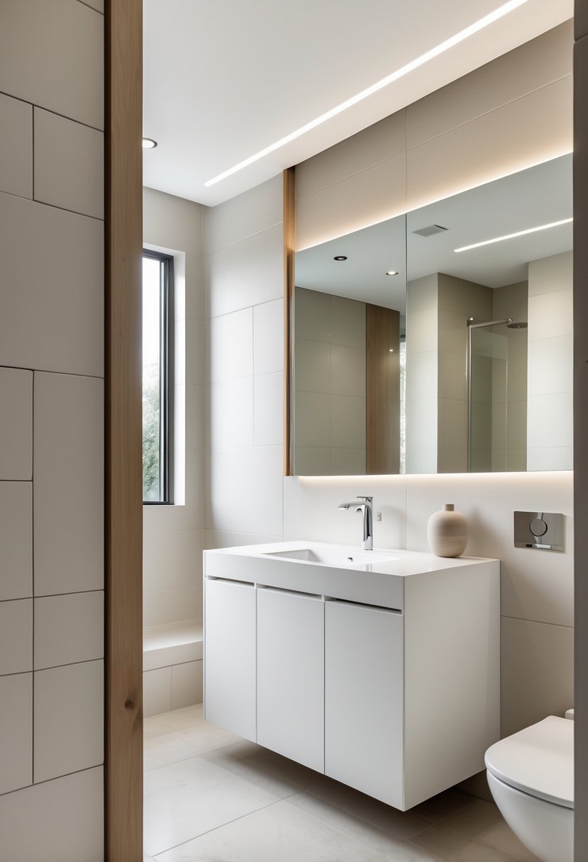 v2 14avr9 6zg7m A bathroom with white cabinetry, a built-in sink, neutral-colored tiles, and natural light coming through a window.