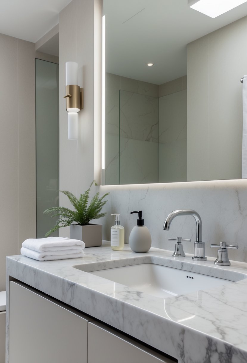 v2 14avrn npmzf A bathroom with gray marble countertops, a vanity with neutral-colored walls, a small plant, and folded towels.