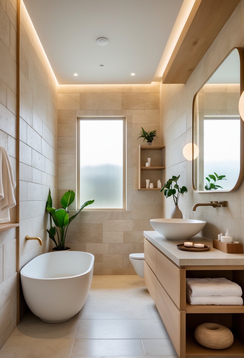 v2 14avry arl1d A bathroom with natural stone walls and wooden furniture, featuring a bathtub, mirror, and plants.