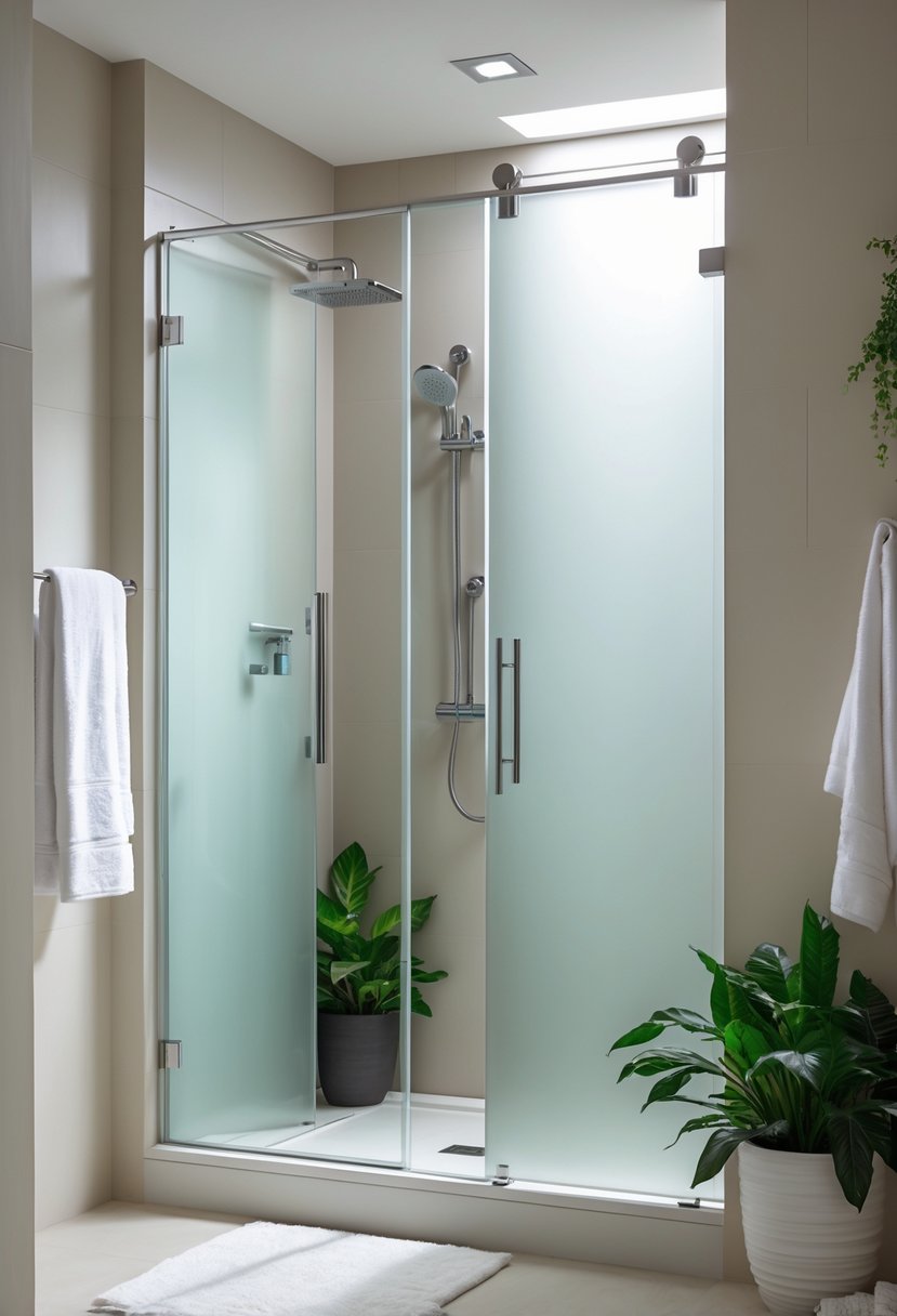 v2 14avse m7hkm A bathroom with frosted glass shower doors, neutral colors, and natural light filtering through.