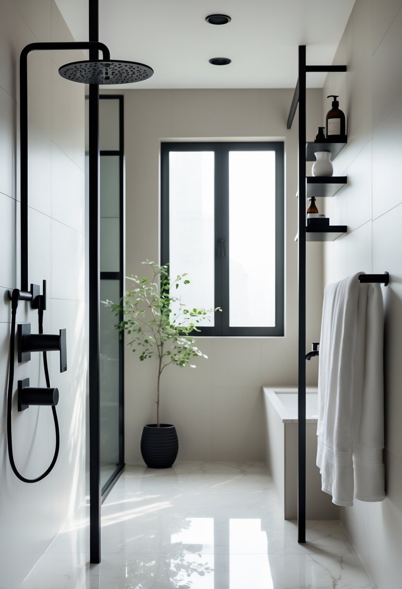 v2 14avsq bwm7o A modern bathroom with black fixtures, light-colored walls, a white countertop, and a small green plant.
