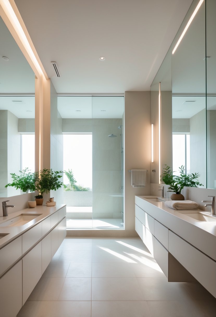 v2 14avt1 pv5vq A bright bathroom with large mirrors, neutral colors, a vanity, and natural light filling the space.