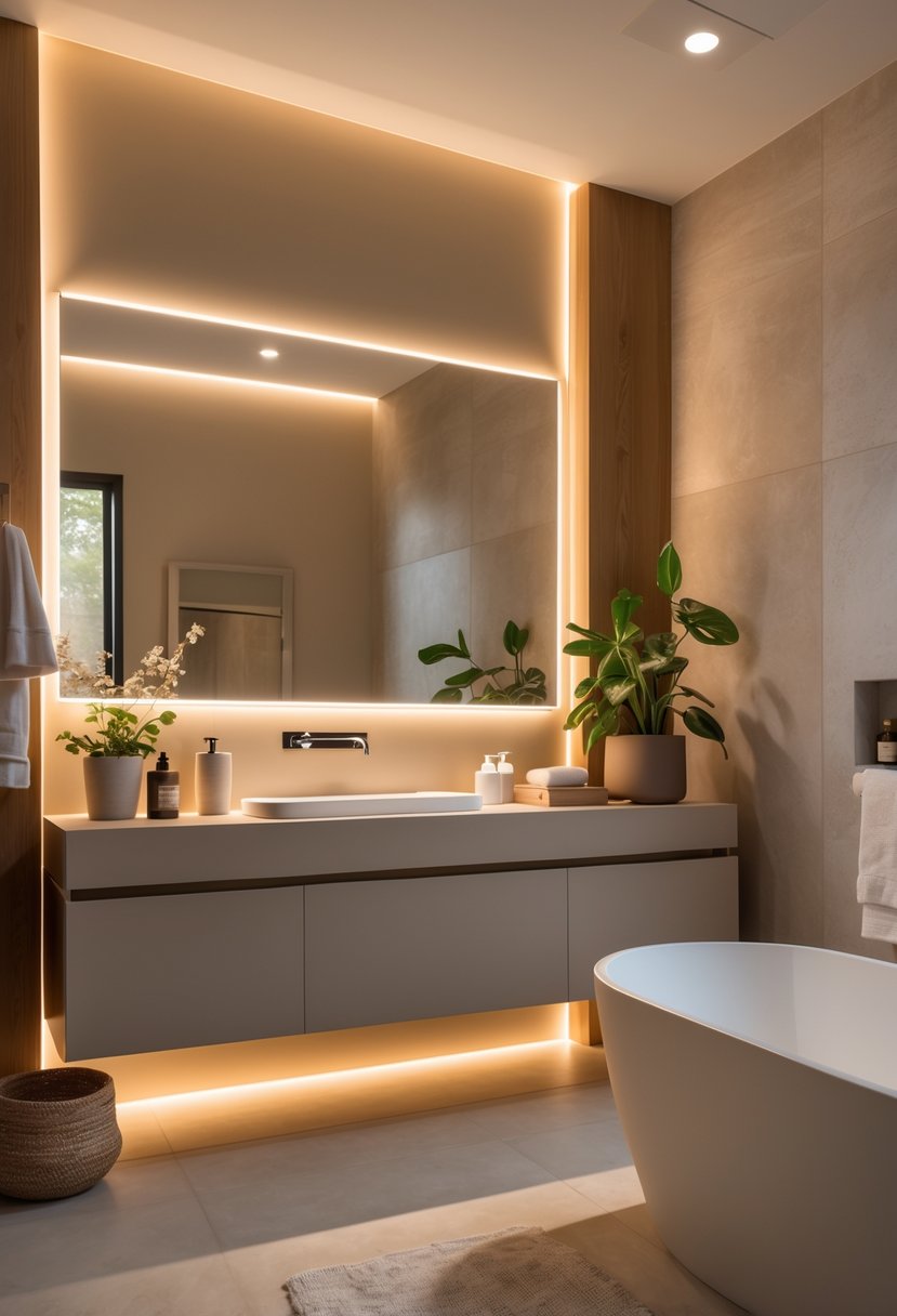 v2 14avtc mqdyo A neutral-toned bathroom with warm LED lighting, featuring a vanity, mirror, and decorative plants creating a cozy atmosphere.
