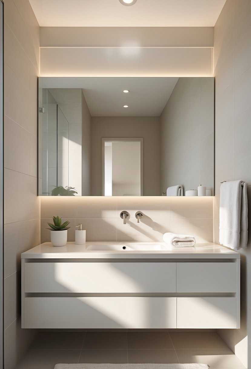 v2 14avtp vj5wc A bathroom with a floating vanity, neutral colors, a large mirror, and natural light creating an open and spacious feel.