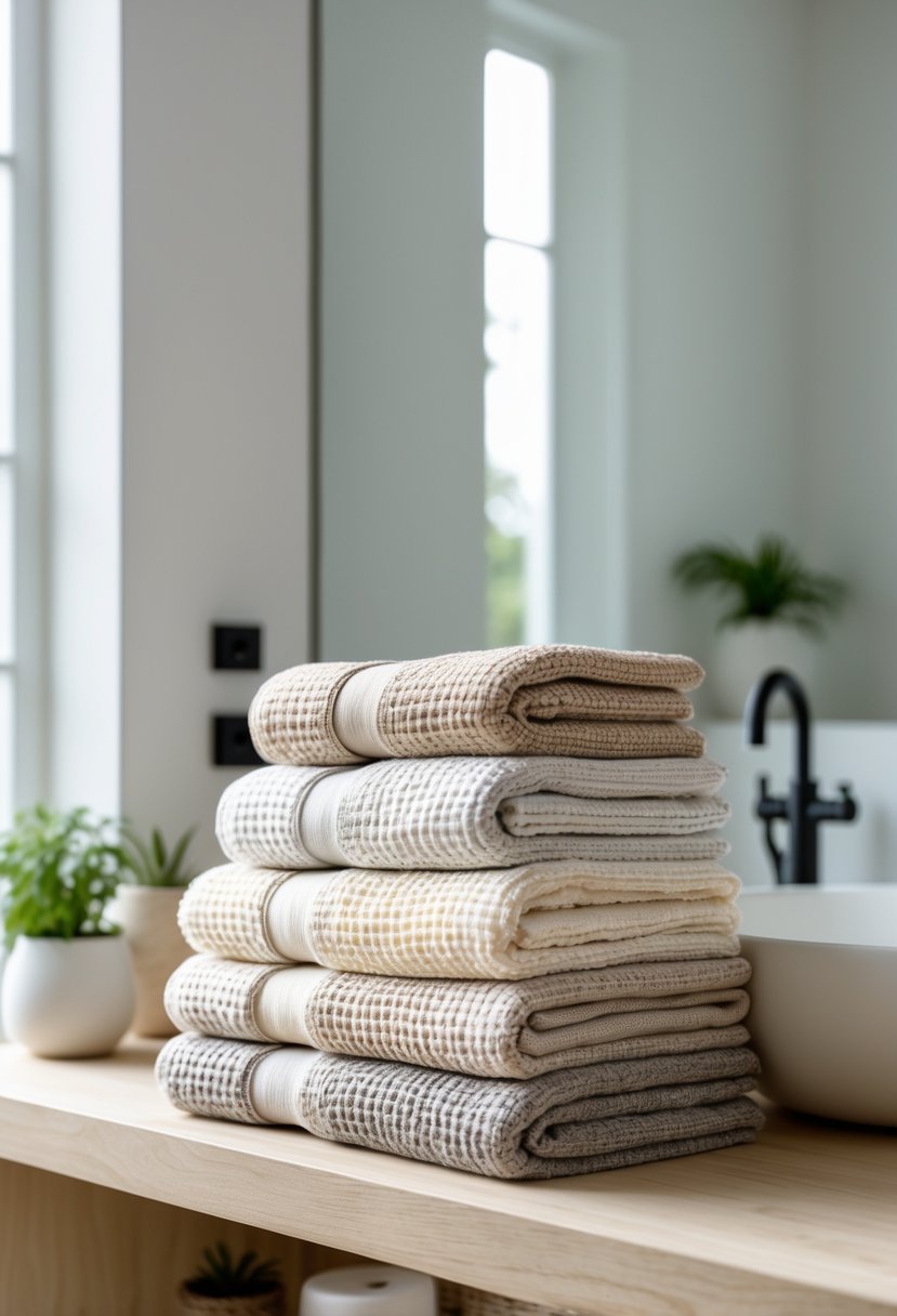 v2 14avu2 Stack of folded linen towels in neutral colors on a wooden shelf in a bright bathroom with a sink and plants.