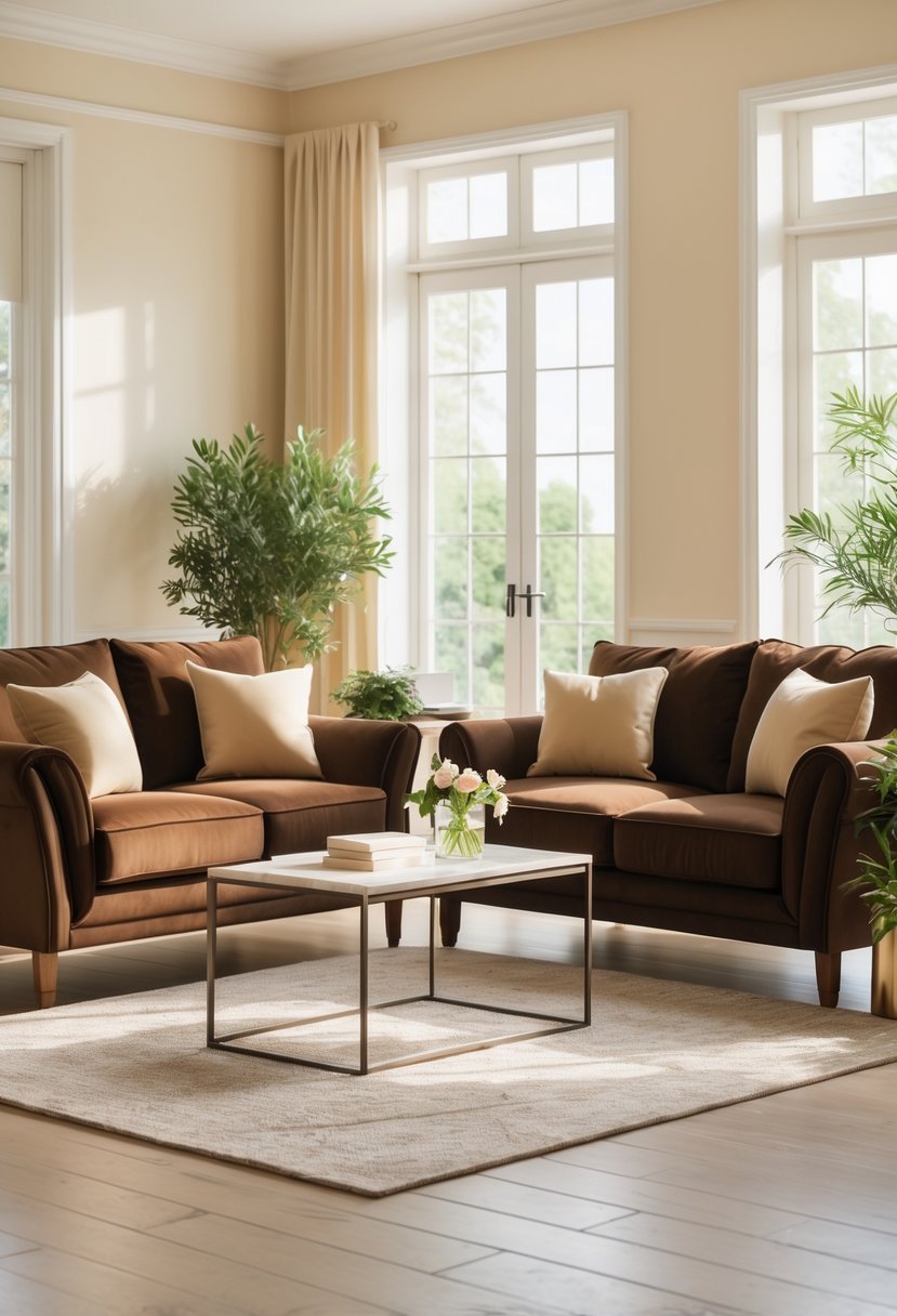 Living room with two brown sofas facing each other against cream and beige walls, with a coffee table and natural light.