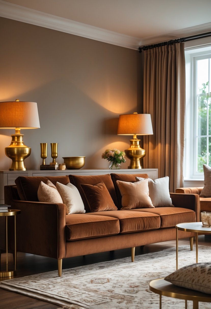 Living room with a brown sofa and brass lamps providing warm lighting