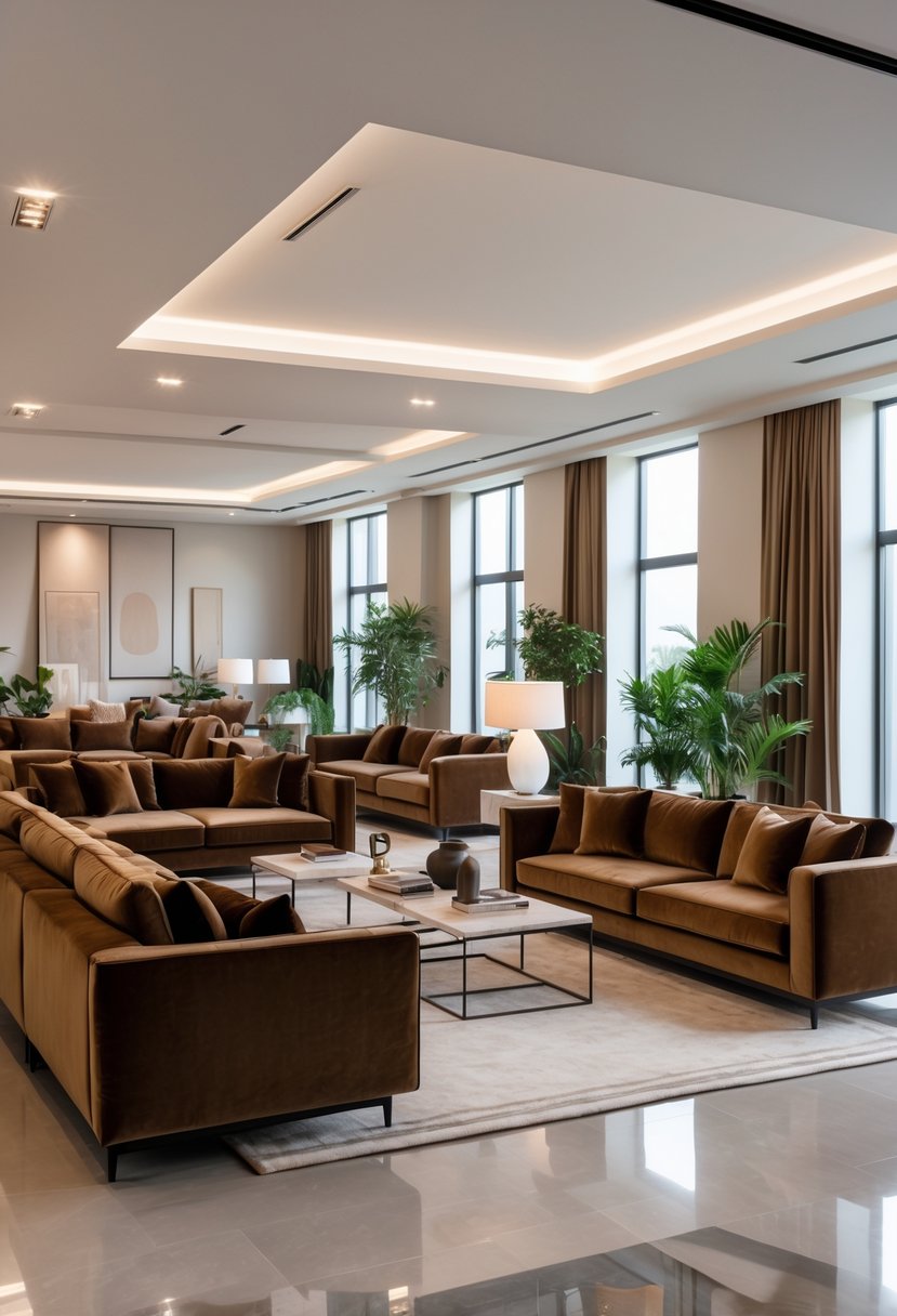 A living room with multiple brown velvet sofas, a rug, coffee tables, plants, and natural light coming through large windows.