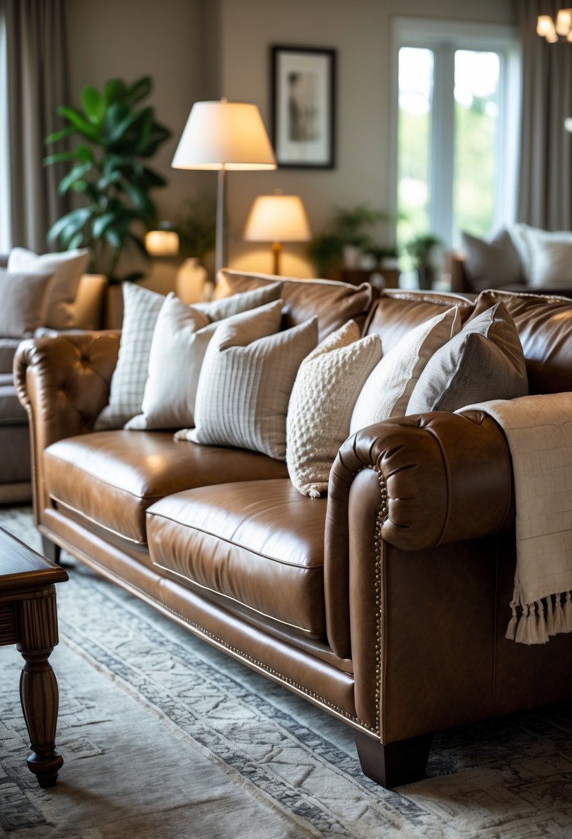 A living room with a brown leather sofa decorated with soft throw pillows and warm lighting.
