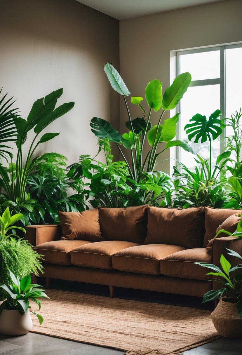 Living room with a large brown sofa surrounded by various green plants and natural light.