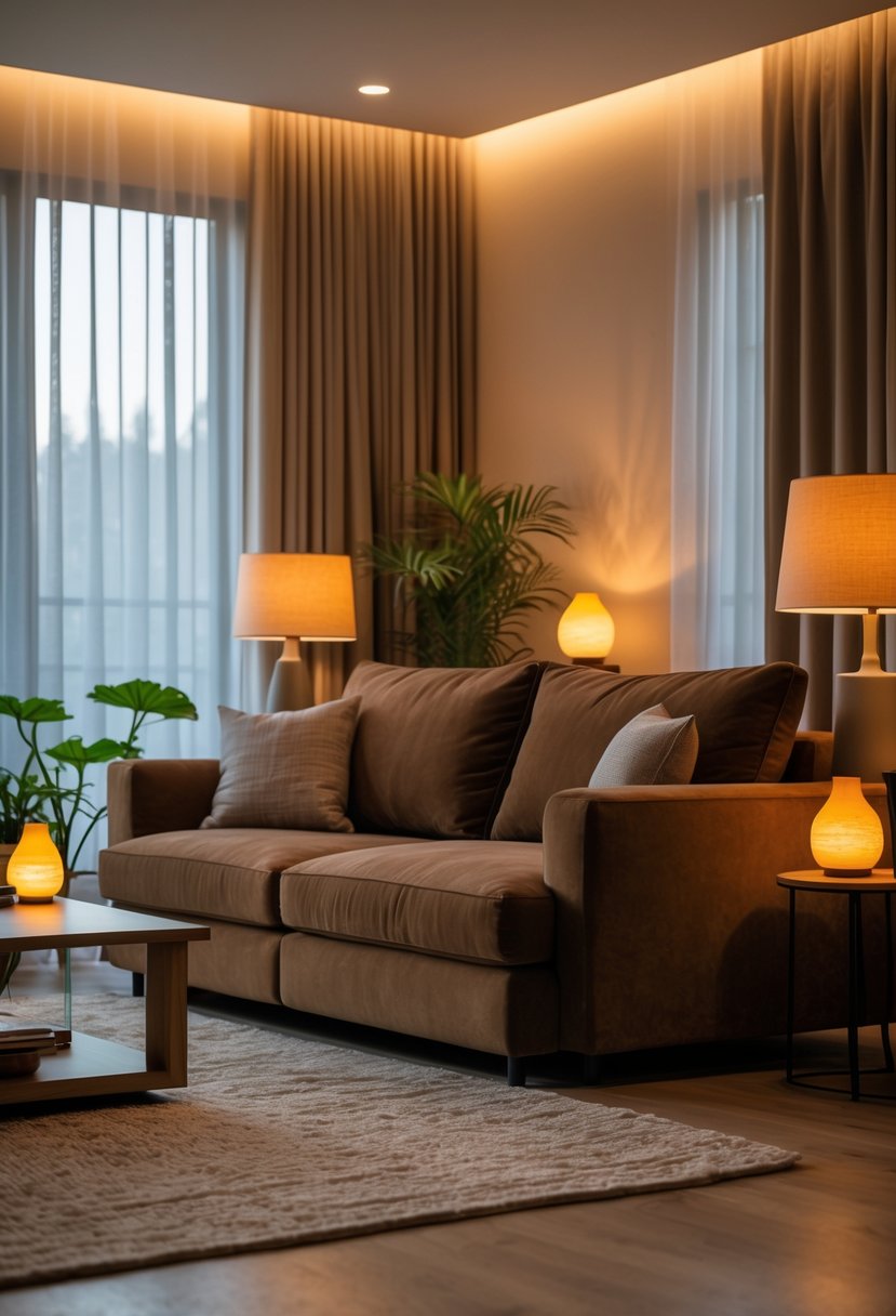 A living room with a large brown sofa, warm lighting, a wooden coffee table, and plants.