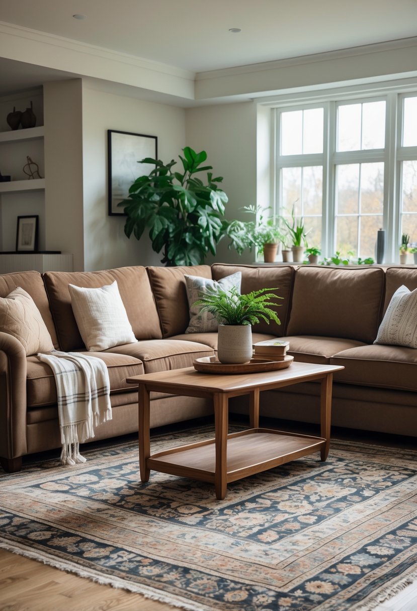 A living room with a large brown sofa and a patterned rug on the floor, surrounded by a coffee table and indoor plants.