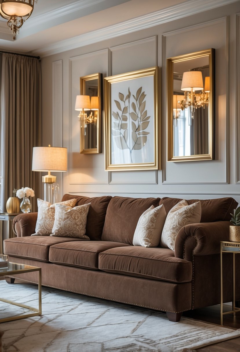 Living room with a large brown sofa and metallic gold and bronze decorative elements.