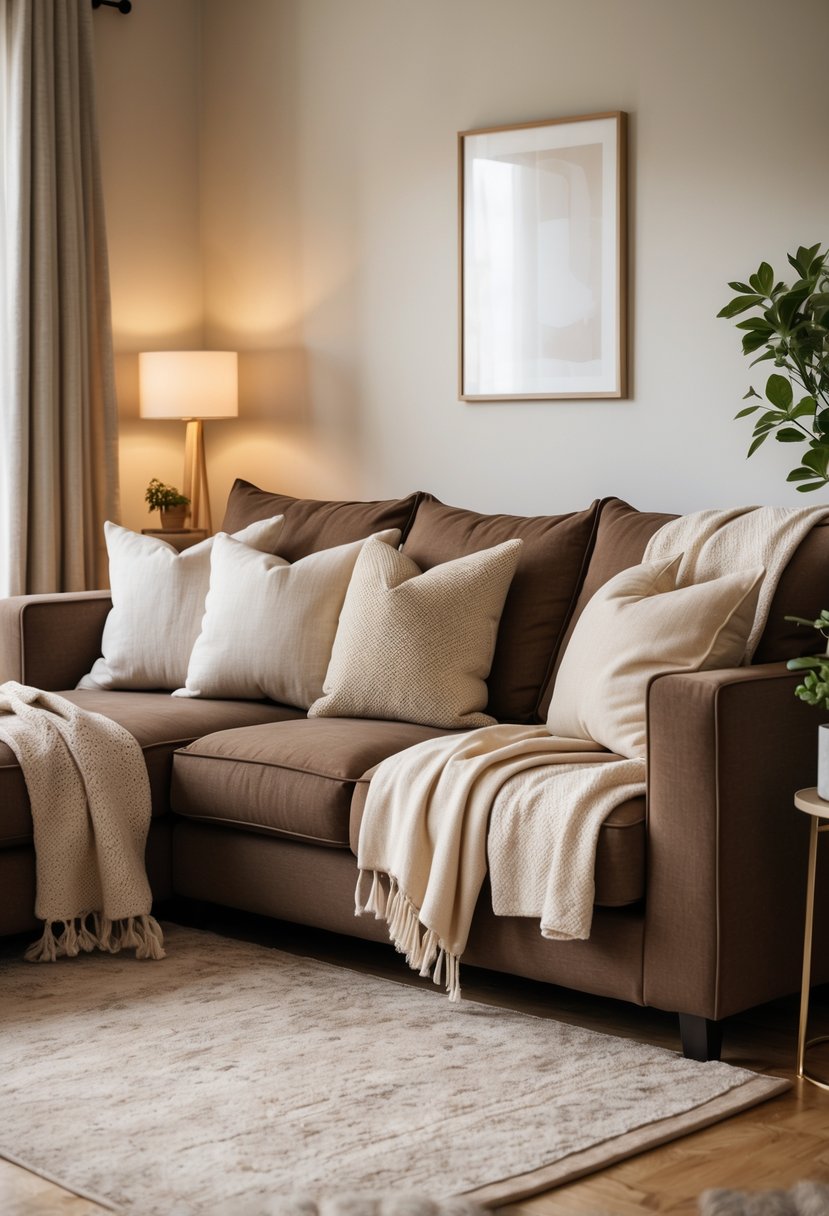 A brown sofa in a living room with neutral-colored throws and cushions, a side table with a plant, and soft natural lighting.