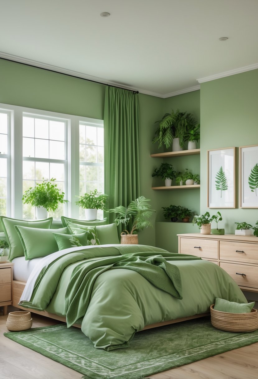 v2 14ax32 u20qb A bedroom with green walls, green bedding, wooden furniture, and several green plants near a window letting in natural light.