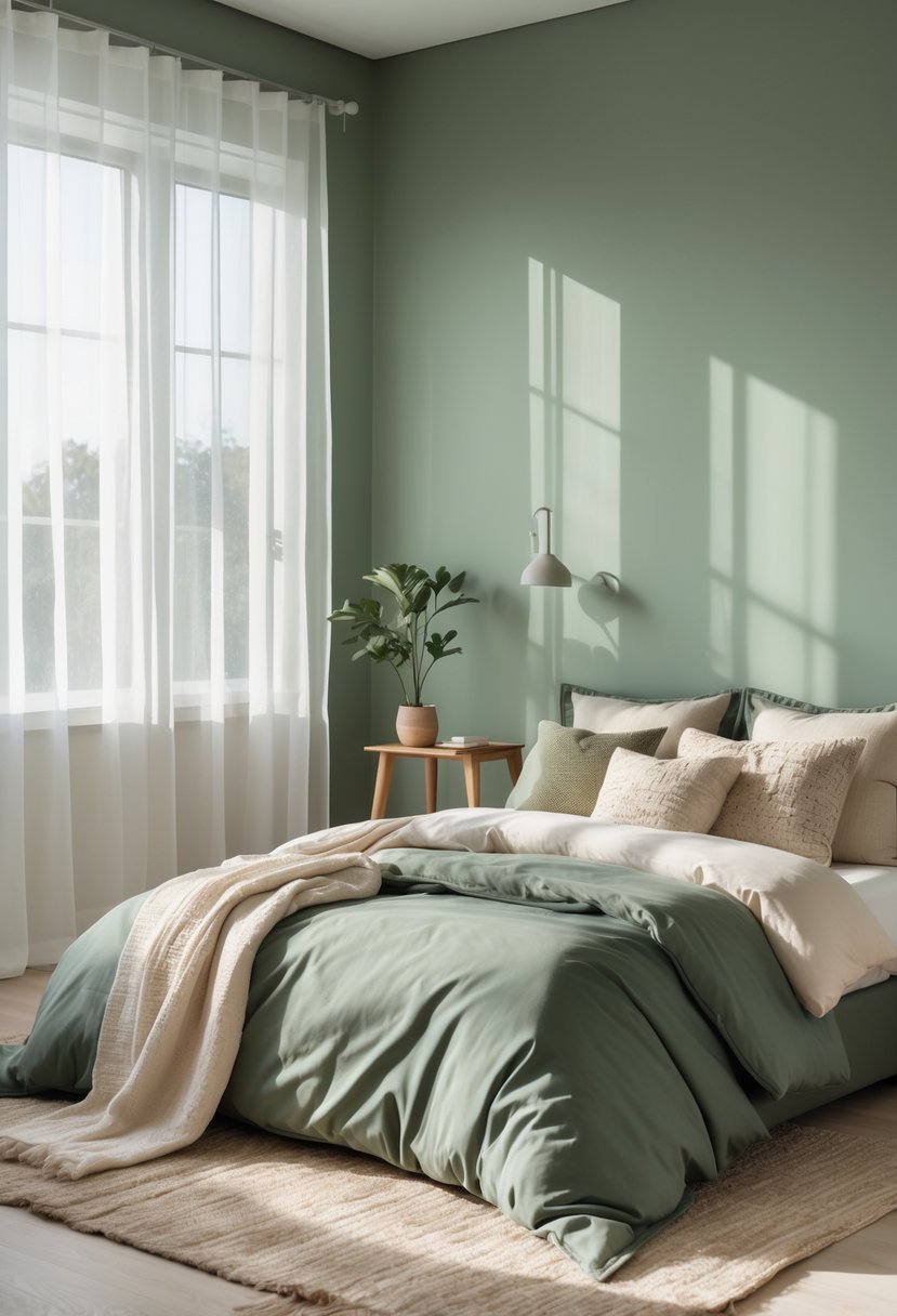 v2 14ax4m 64zdp A bedroom with sage green walls, a neatly made bed, natural light from a window, wooden furniture, and a potted plant on a bedside table.