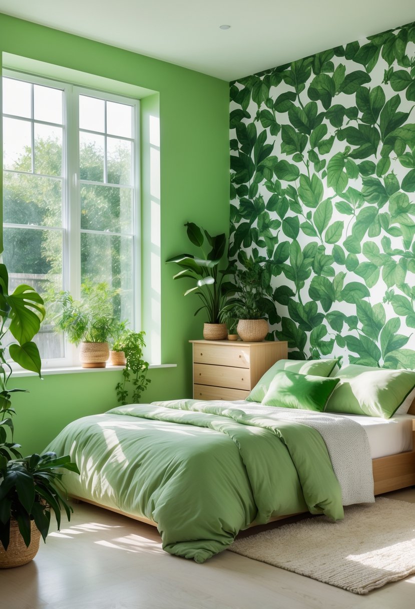 v2 14ax5b 8yr7d A green bedroom with leafy wallpaper, a bed, wooden furniture, and potted plants near large windows.