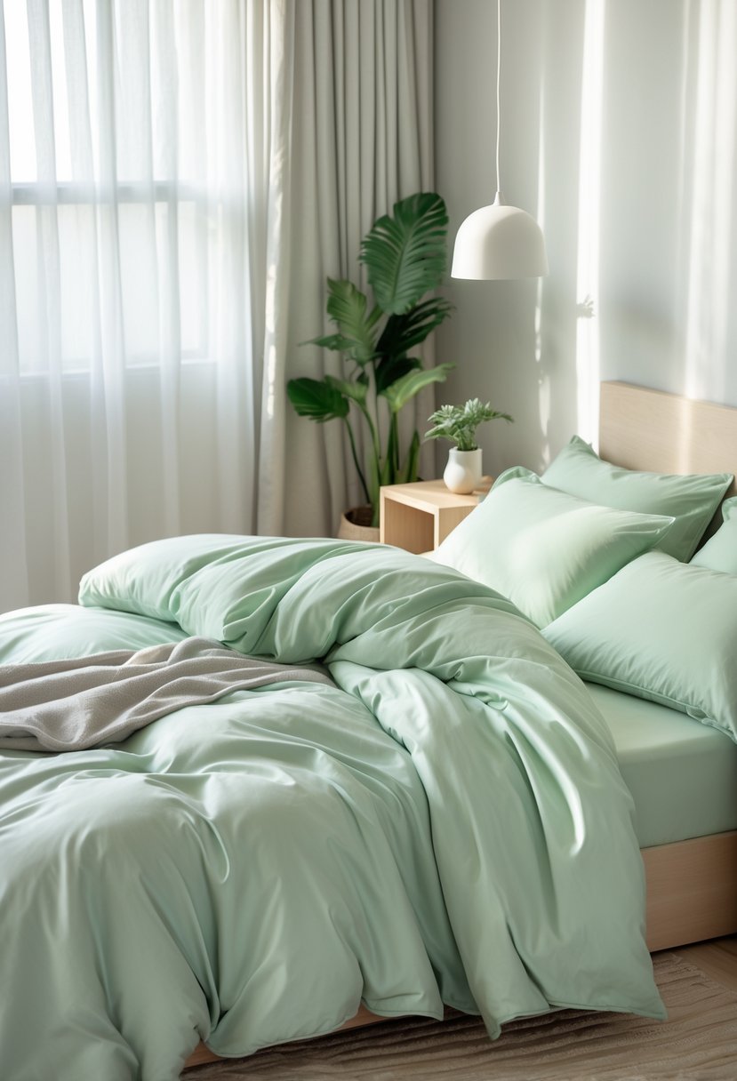 v2 14ax62 A neatly made bed with soft light green bedding in a bright bedroom with natural light and simple furnishings.