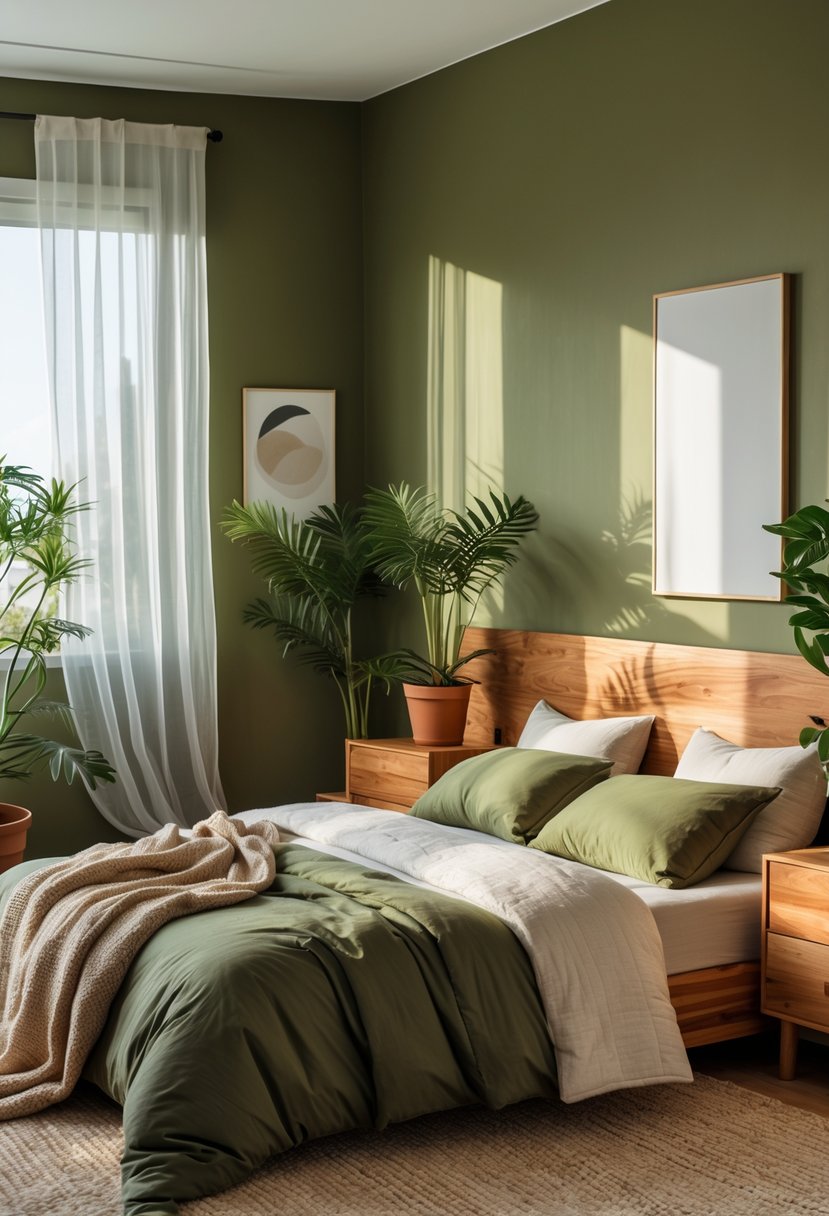 v2 14ax6s oufl8 A bedroom with olive green walls, a bed with green bedding, wooden furniture, plants, and soft natural light.
