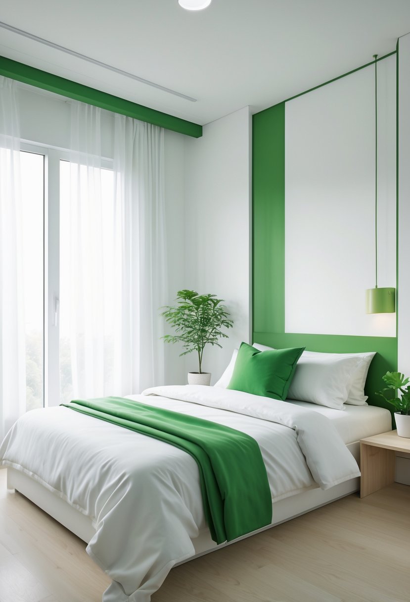 v2 14ax7t g285p A bedroom with a bed, nightstand, potted plant, and window with curtains in green and white colors.