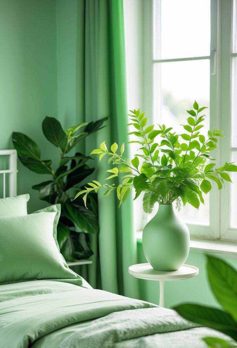 v2 14ax84 wkukj A green-themed bedroom with a simple vase of fresh greenery on a bedside table.