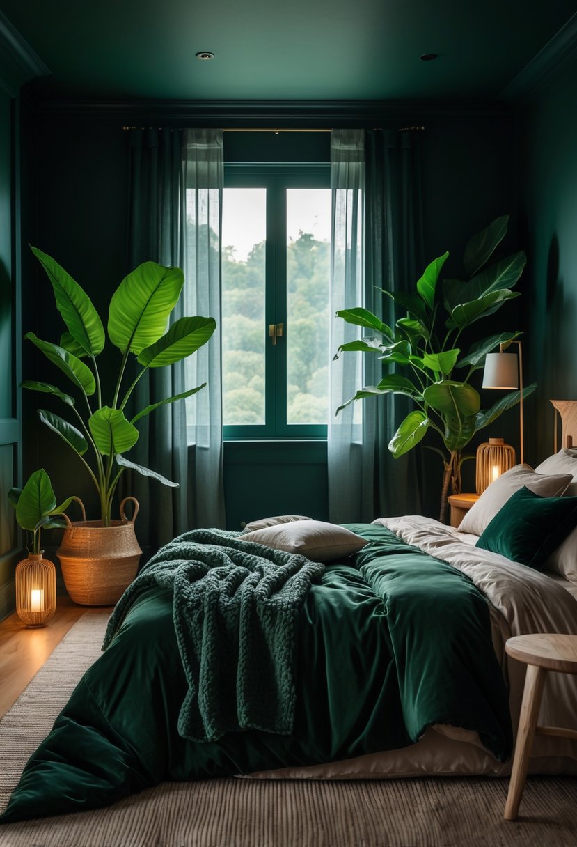 v2 14ax8g omc5t A cozy bedroom with dark green walls, a comfortable bed, wooden furniture, and green plants, softly lit by lamps and natural light.