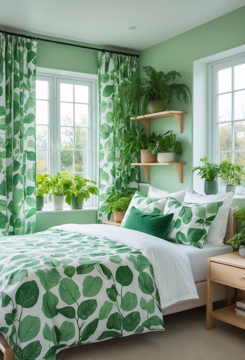 v2 14ax8t dttci A bedroom decorated with green botanical prints on textiles and surrounded by indoor plants, featuring a bed, shelves, and natural light.