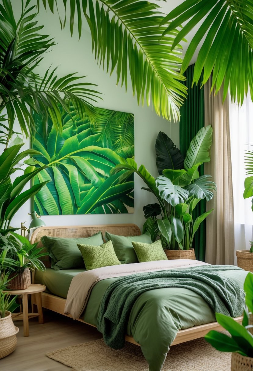 v2 14ax9h 2azkc A bedroom decorated with green palm leaves and tropical plants, featuring a bed and natural wooden furniture.