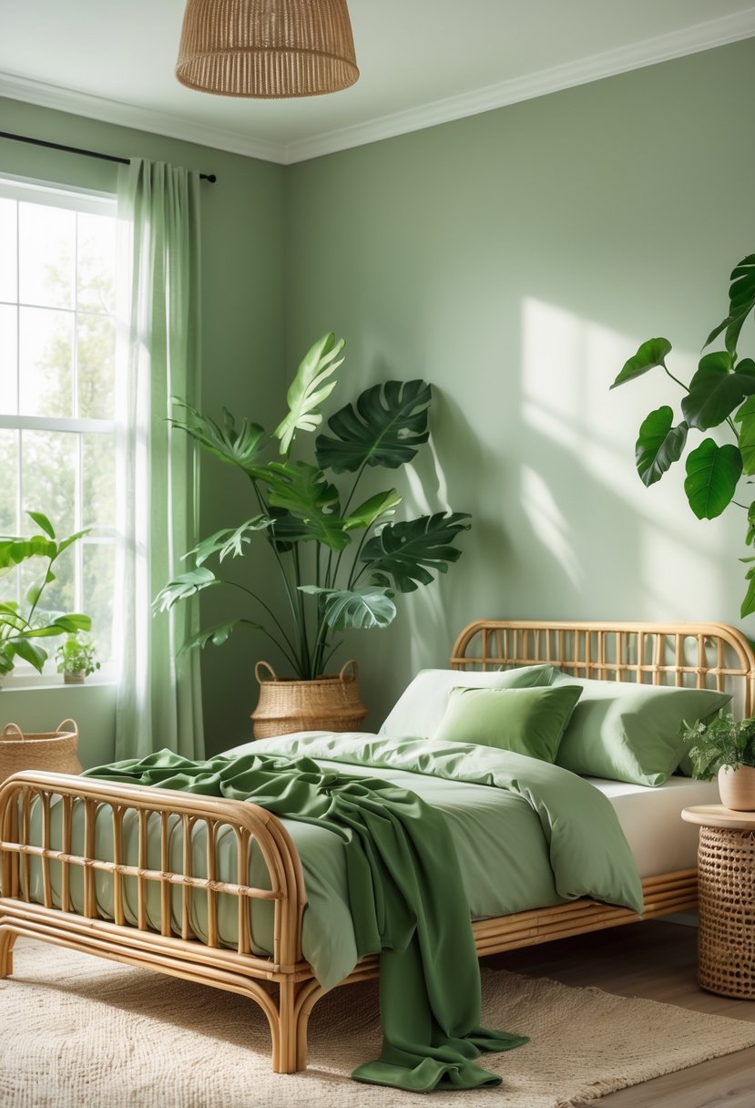 v2 14axac A bedroom with a rattan bed frame surrounded by green plants and green bedding, lit by natural light from large windows.